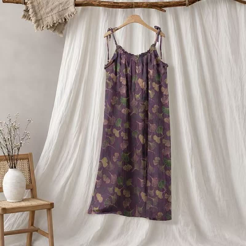 Ginkgo Leaf Tie Strap Lounge Midi Dress - Purple & Green - XL - image 70