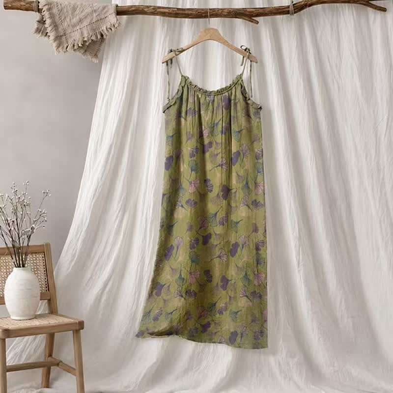 Ginkgo Leaf Tie Strap Lounge Midi Dress - Green & Purple - XL - image 75