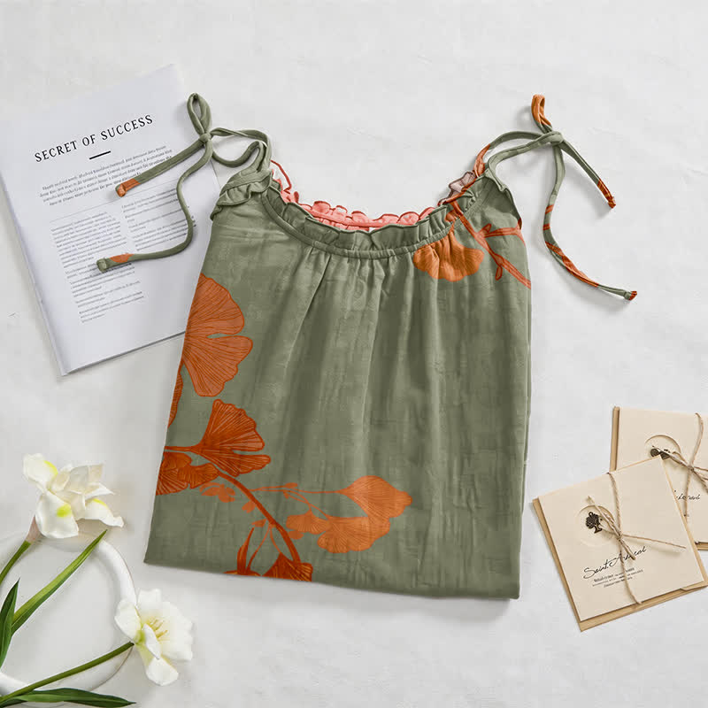 Ginkgo Leaf Tie Strap Cotton Lounge Midi Dress - image 17
