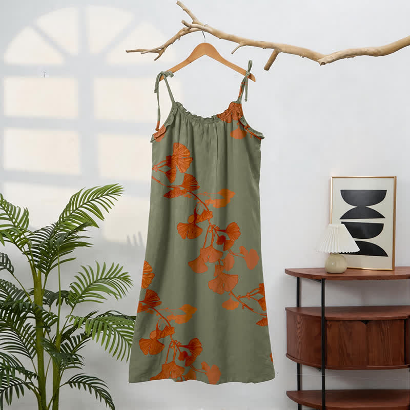 Ginkgo Leaf Tie Strap Cotton Lounge Midi Dress - image 16