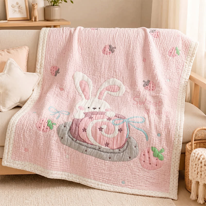 Pink Bunny Strawberry Lyocell Baby Quilt - image 1
