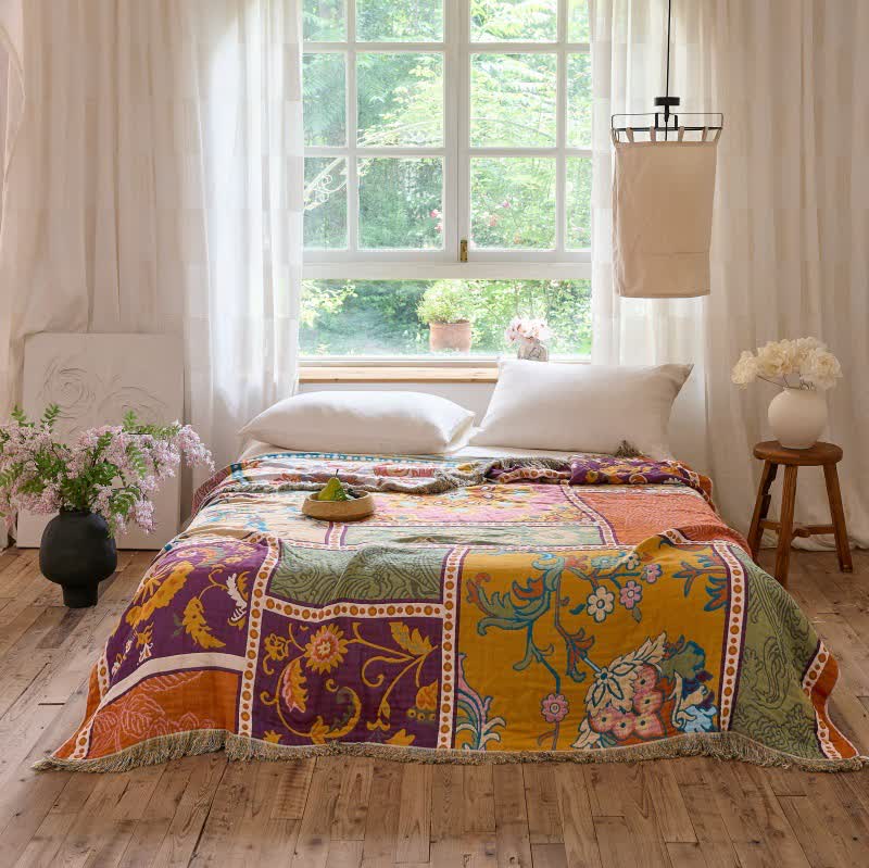 Boho Cotton Patchwork Floral Tassel Quilt - King - image 1
