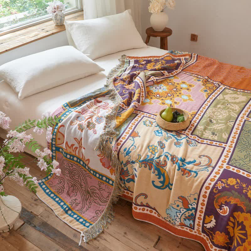 Boho Cotton Patchwork Floral Tassel Quilt - image 3