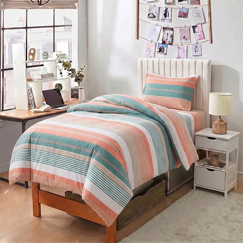 Coral Teal Stripe Twin XL Bedding Set - Twin XL - Green & Orange Multi Stripe - 3-Piece Duvet Set - image 0