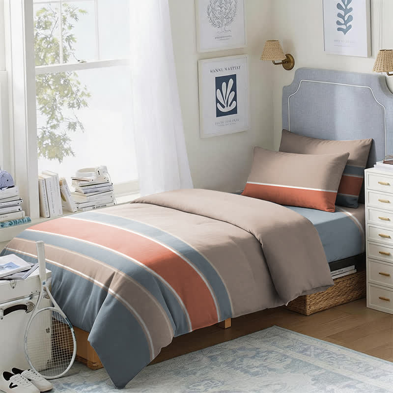 Earth Tone Striped Twin XL Bedding Set - Twin XL - Coral & Blue Stripe - 3-Piece Duvet Set - image 0