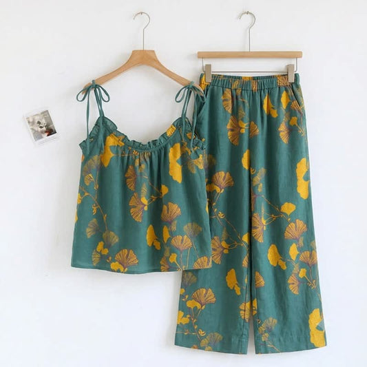 Botanical Leaf Cami & Pants Loungewear Set - Green & Orange - XL - image 0