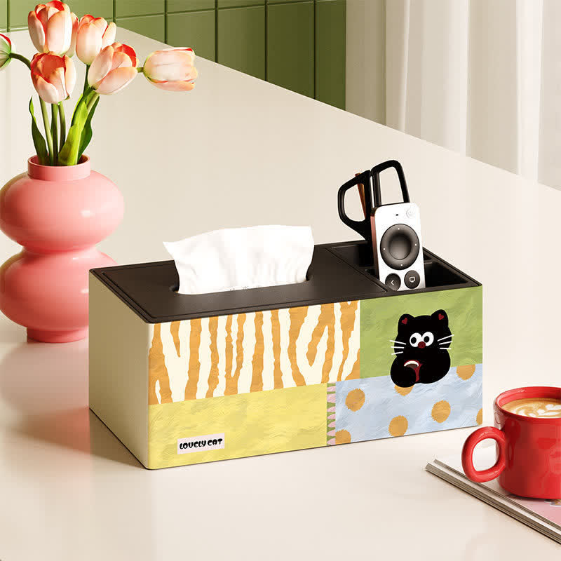 Playful Cat Patchwork Wooden Tissue Box Organizer - Multicolor - 11" L × 6" W × 5" H - With Remote Holder - image 2