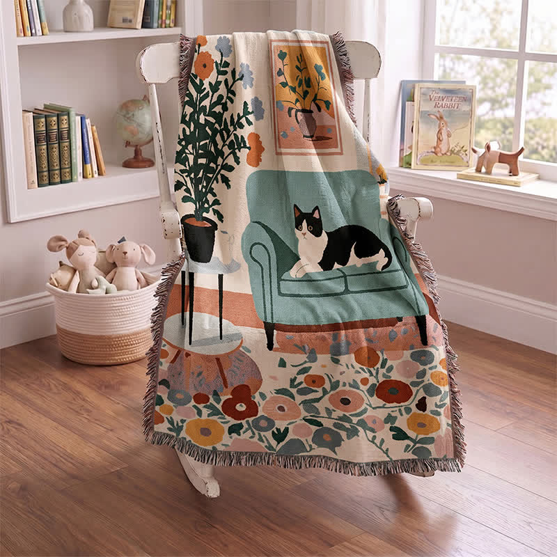 Boho Cat Woven Fringe Throw Blanket - image 1