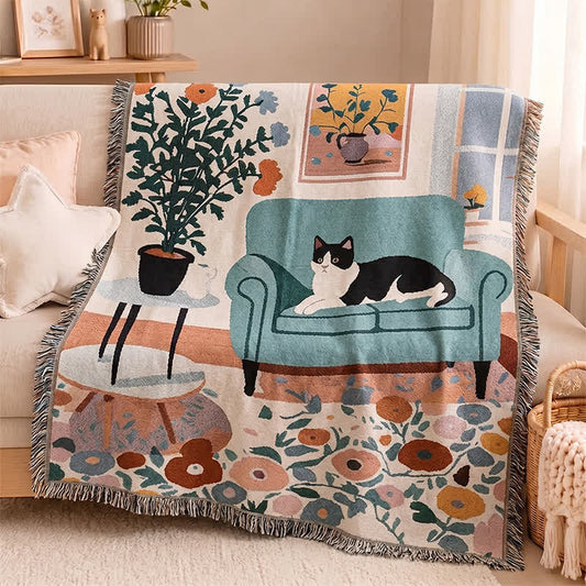 Boho Cat Woven Fringe Throw Blanket - Multicolor - 51" L × 71" W - image 0