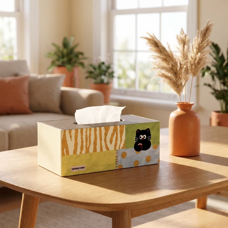 Playful Cat Patchwork Wooden Tissue Box Organizer - image 1