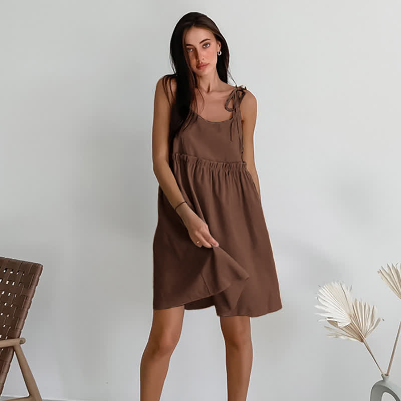 Casual Cotton Linen Tie Strap Nightdress - Brown - XL - image 2