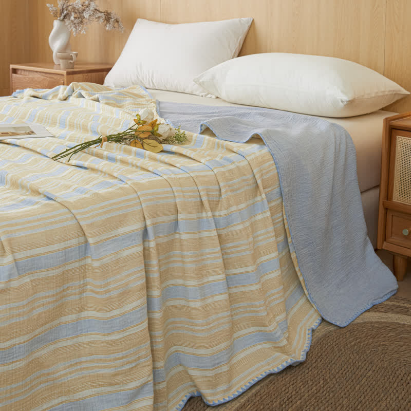 Soft Stripe Reversible Cotton Bedspread - Blue-Yellow Stripe - 79" × 91" - image 0