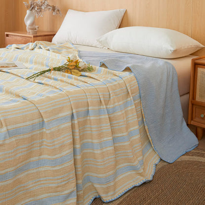 Soft Stripe Reversible Cotton Bedspread - Blue-Yellow Stripe - 79" × 91" - image 0