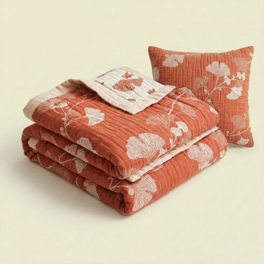 Red Ginkgo Leaf Pattern Cotton Blanket - Terracotta Red - 90" x 92" - image 0