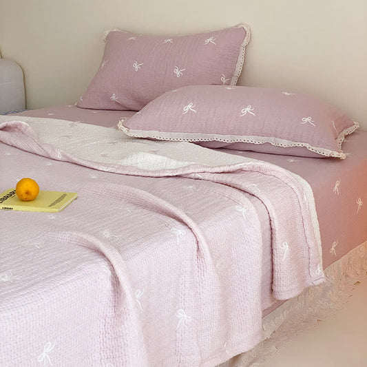 Ruffled Bow Quilted Lyocell Summer Quilt - Purple - 79" × 91" - 3PCS Bedding Set - image 0