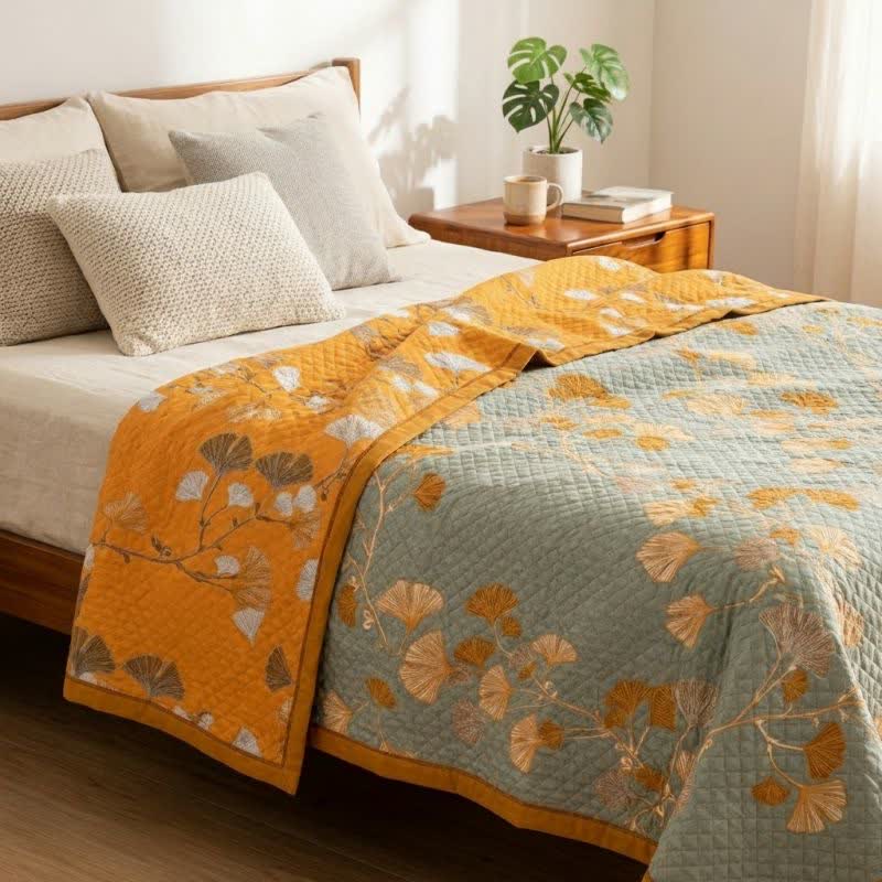Reversible Ginkgo Botanical Quilted Blanket - image 1