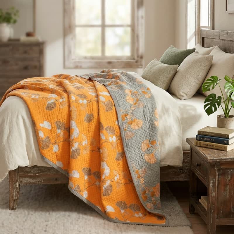 Reversible Ginkgo Botanical Quilted Blanket - image 8