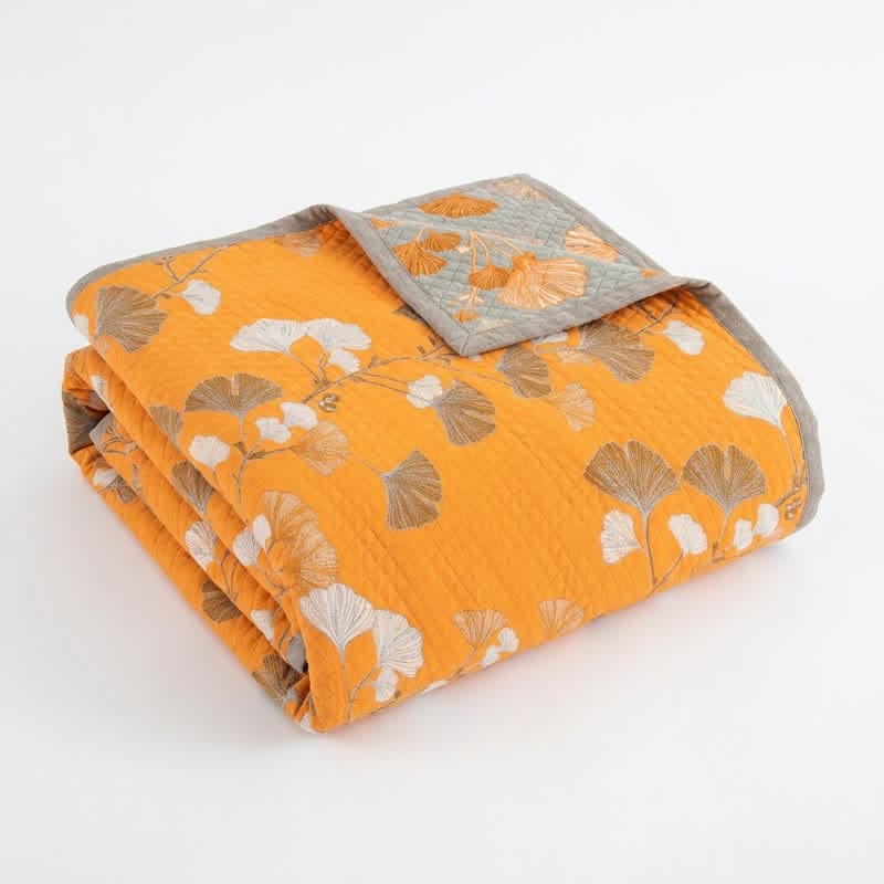 Reversible Ginkgo Botanical Quilted Blanket - Orange - 98" x 94" - image 5