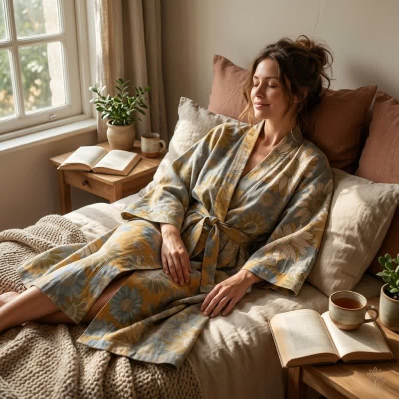 Vintage Sunflower Cotton Kimono Bathrobe - image 8