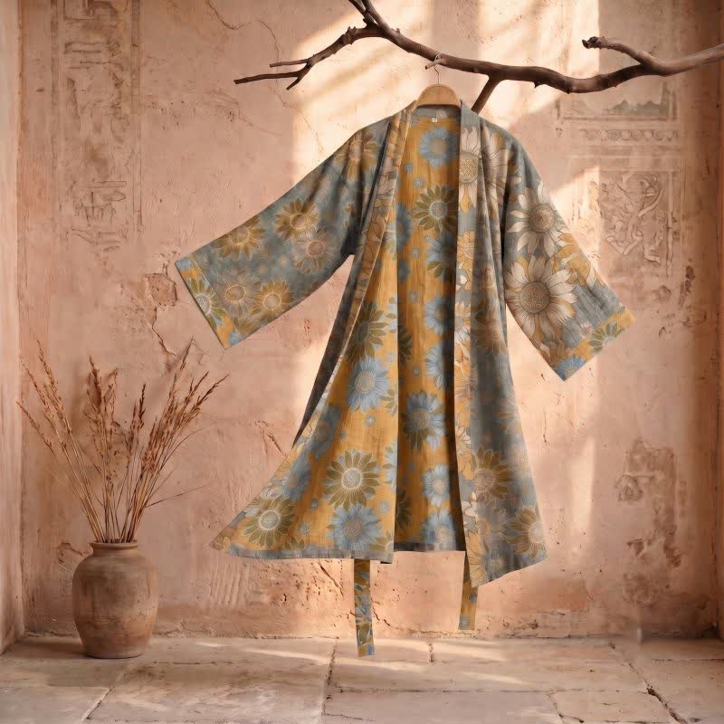 Vintage Sunflower Cotton Kimono Bathrobe - Grey - 2XL - image 6