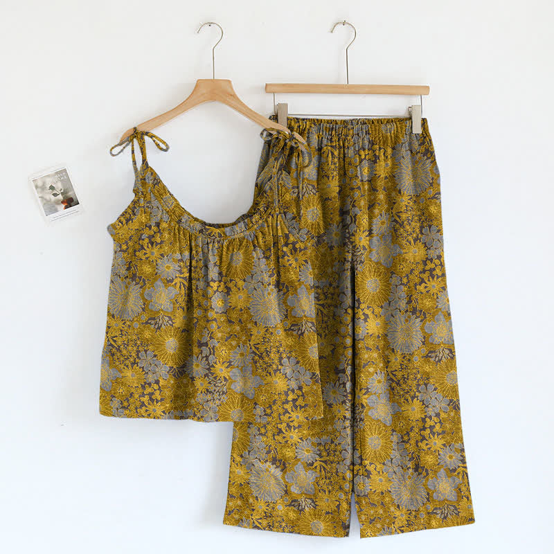 Vintage Floral Tie Strap Loungewear Set - Yellow - XL - image 6