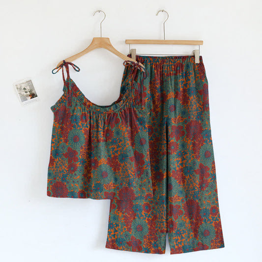 Vintage Floral Tie Strap Loungewear Set - Green - XL - image 0