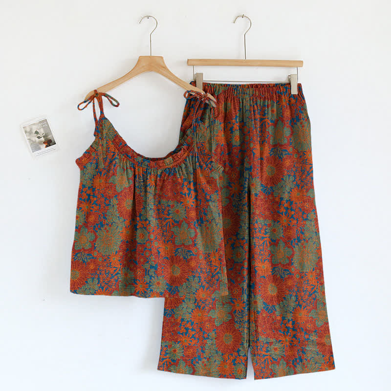 Vintage Floral Tie Strap Loungewear Set - Red - XL - image 3
