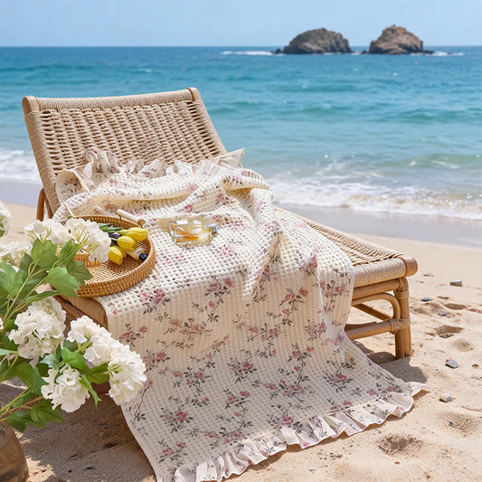 Cottagecore Ruffle Waffle Cotton Beach & Bath Towel - Pink - 2PCS - 19"W x 39"L & 27"W x 55"L - image 0