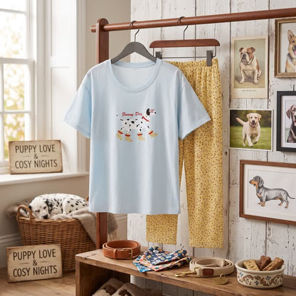 Cute Dog Graphic Cotton Loungewear Set - Blue & Yellow - 2XL - image 0