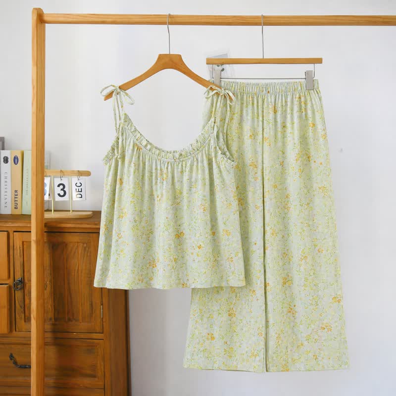 Ditsy Floral Tie Strap Cami Loungewear Set - Green - XL - image 5
