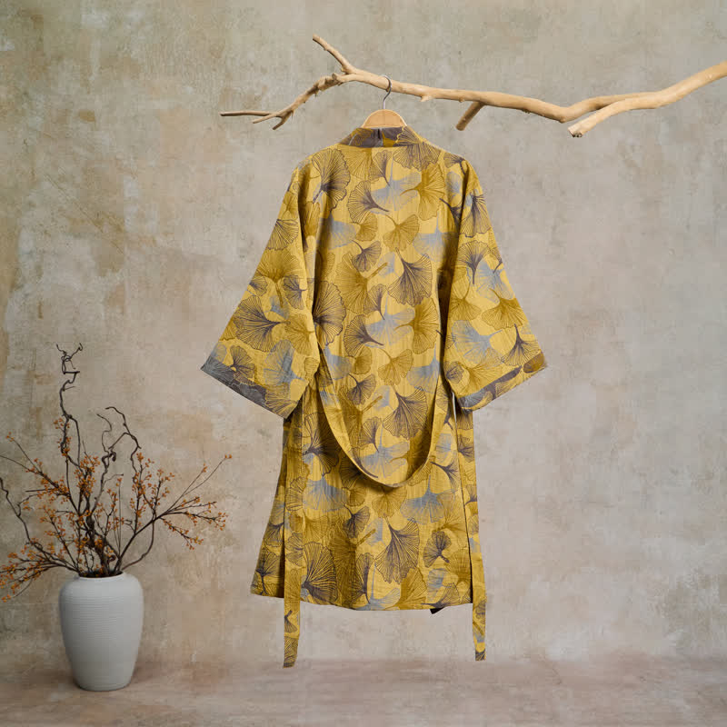 Vintage Ginkgo Leaf Cotton Double Gauze Robe - image 1