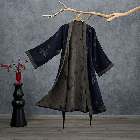 Navy Butterfly Cotton Double Gauze Kimono Robe - Navy - 2XL - image 0