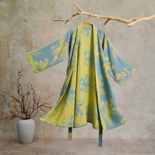 Bohemian Floral Cotton Double Gauze Kimono Robe - Cyan - 2XL - image 0