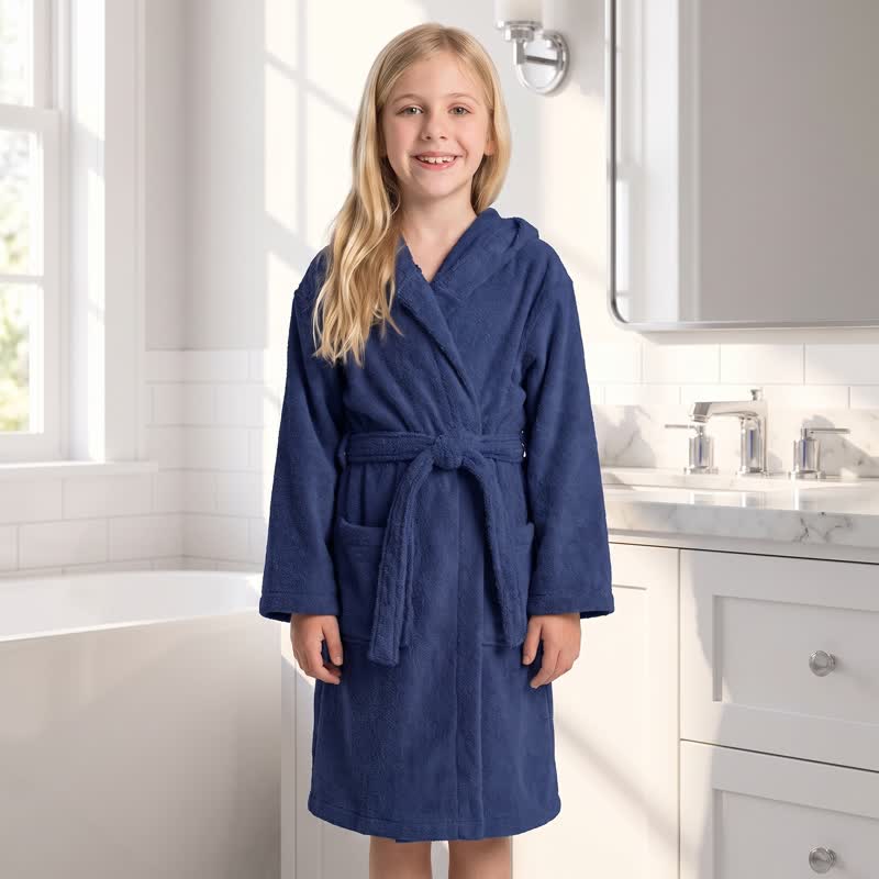Solid Hooded Cotton Child Bathrobe - Navy Blue - L - image 12