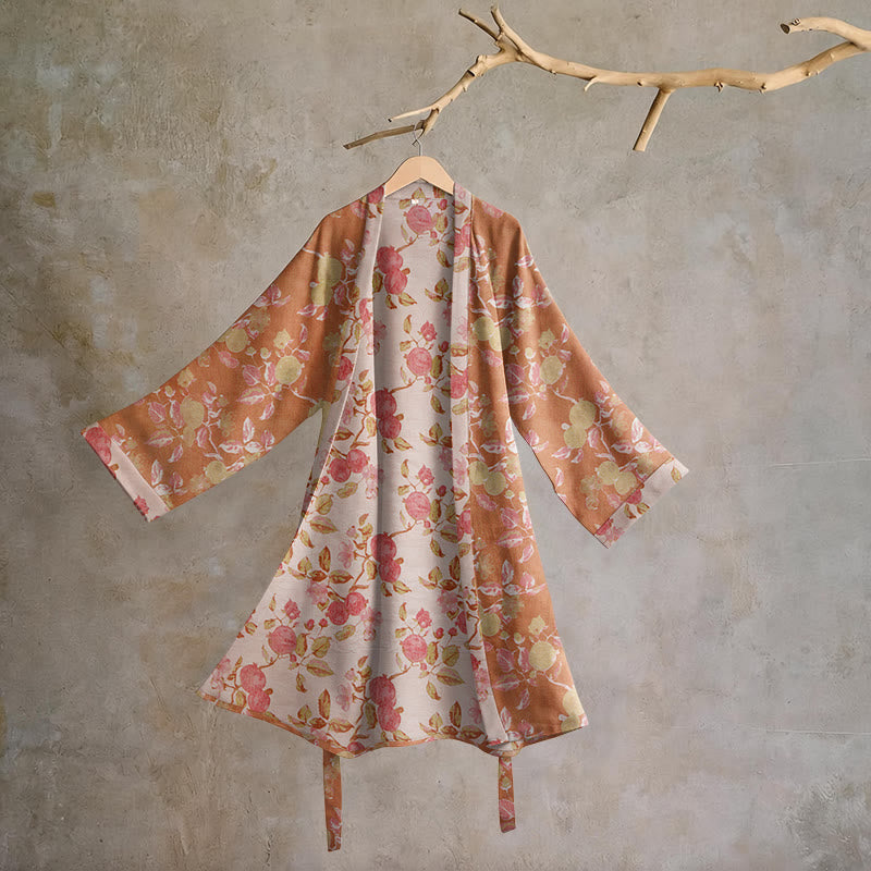 Botanical Pomegranate Print Cotton Kimono Robe - Green & Red - 2XL - image 0