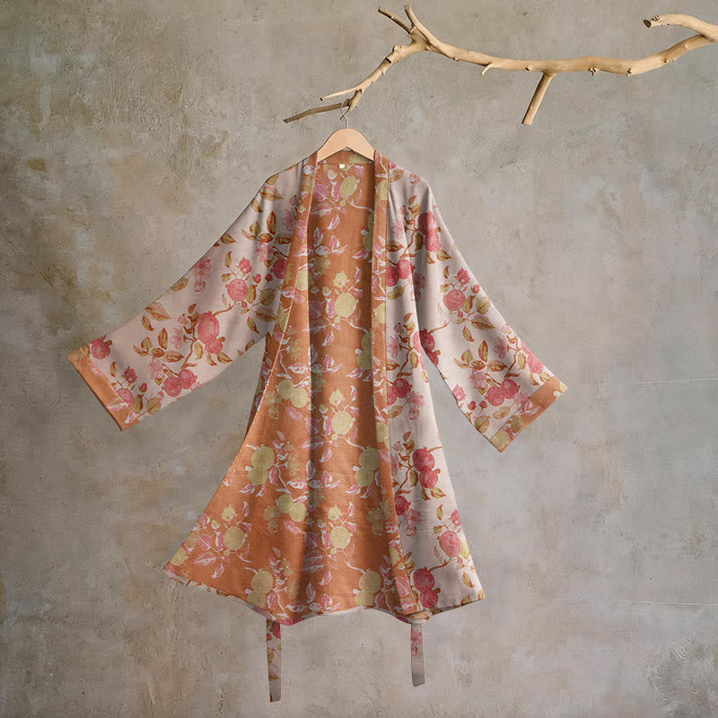 Botanical Pomegranate Print Cotton Kimono Robe - Red & Green - 2XL - image 5