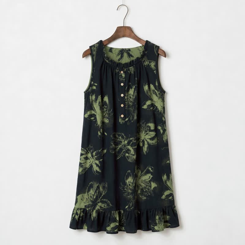 Botanical Nocturne Floral Cotton Lounge Dress - Dark Green - L - image 0