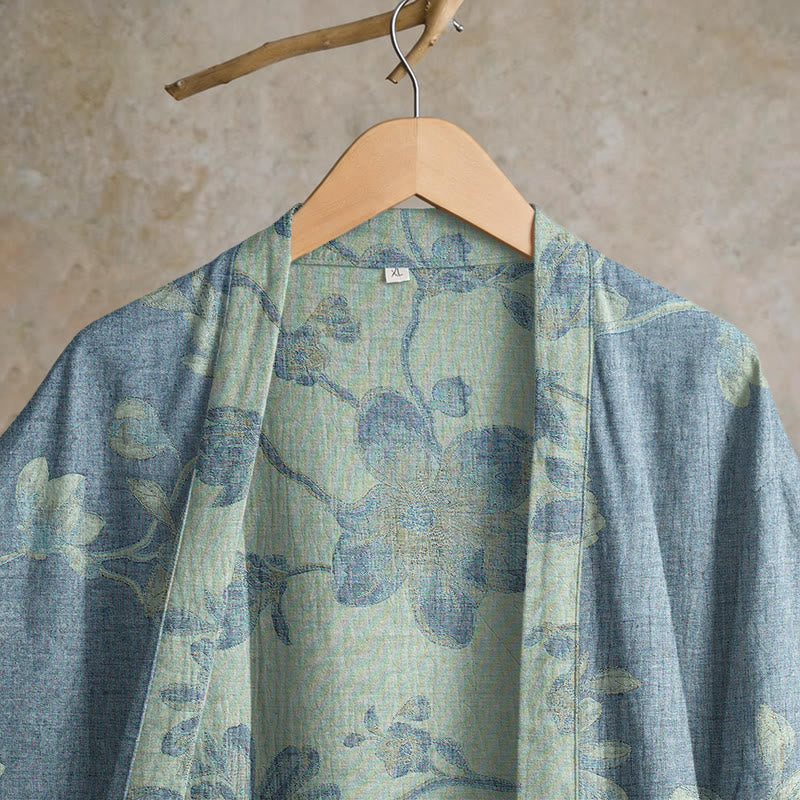 Sage Blue Floral Cotton Kimono Robe - image 3