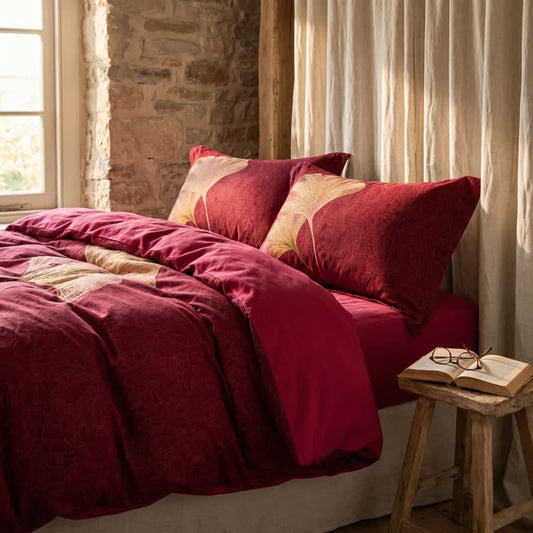 Deep Red Ginkgo Leaf Cotton Bedding Set - Red - Queen - 4PCS Bedding Set - image 0