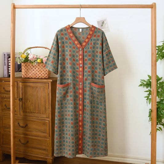 Plus Size Plaid Cotton Cardigan Nightgown - Green - 5XL - image 0