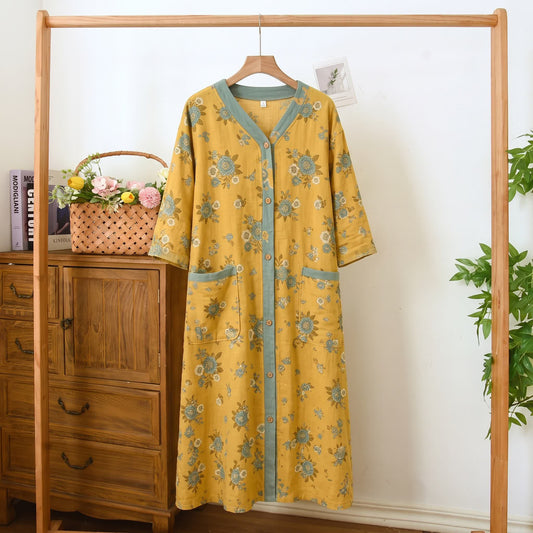 Plus Size Floral Cotton Gauze Cardigan Nightgown - Yellow - 5XL - image 0