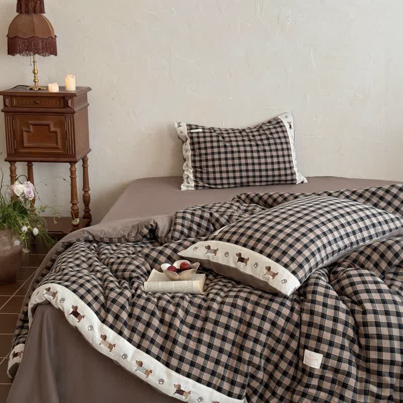 Cozy Khaki Gingham Quilt  with Puppy Embroidery - image 1