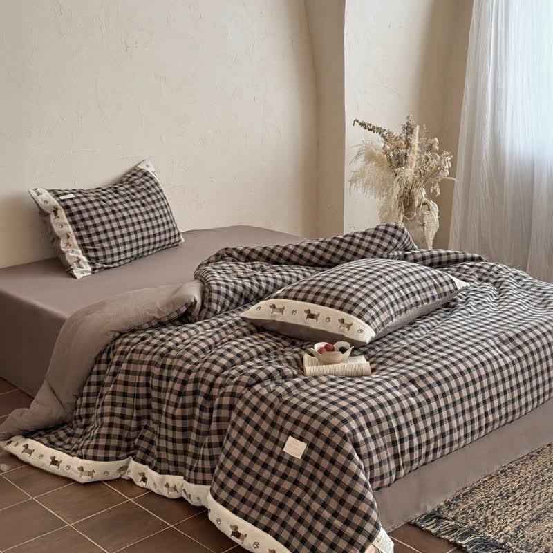 Cozy Khaki Gingham Quilt  with Puppy Embroidery - image 2
