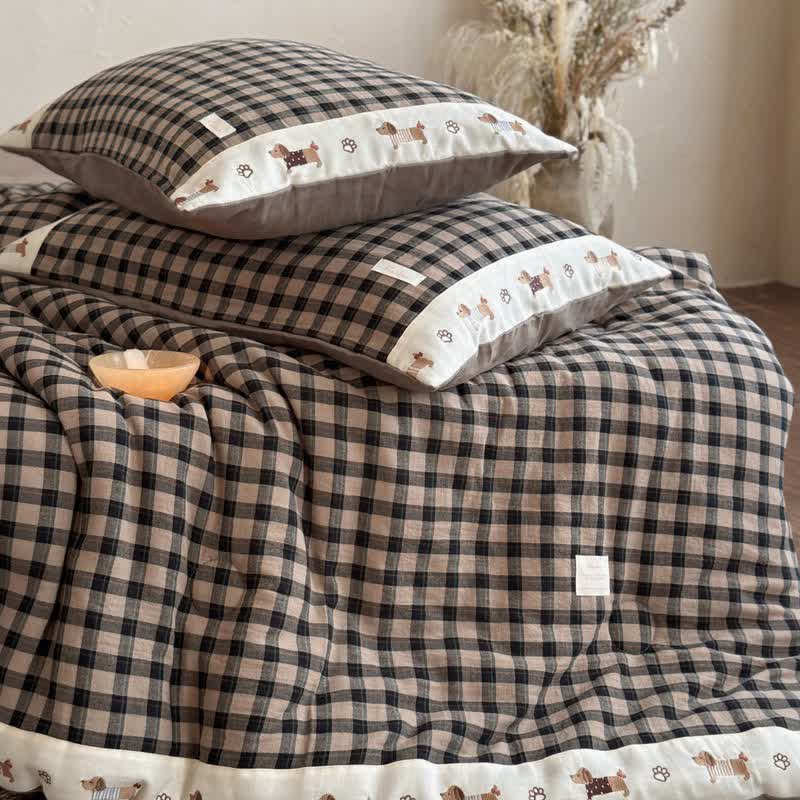 Cozy Khaki Gingham Quilt  with Puppy Embroidery - Brown - Quilt with 2pcs pillowcases - Queen - image 4