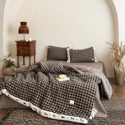 Cozy Khaki Gingham Quilt  with Puppy Embroidery - Brown - Quilt - Queen - image 0