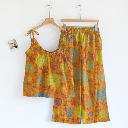 Retro Peony Cotton Cami Loungewear Set - Orange & Teal - XL - image 0