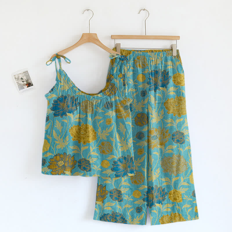 Retro Peony Cotton Cami Loungewear Set - Blue & Green - XL - image 8