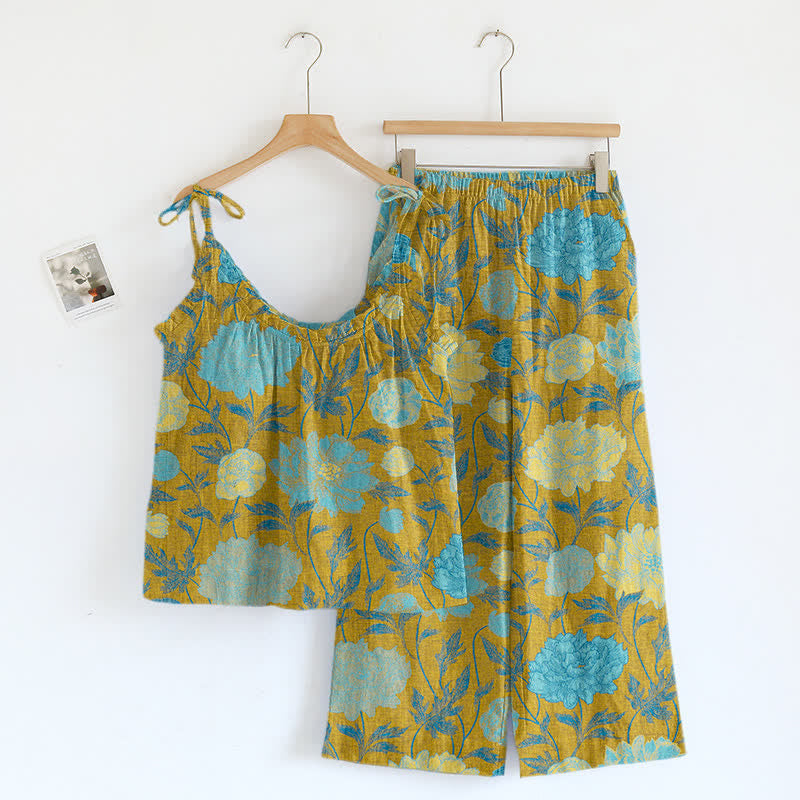 Retro Peony Cotton Cami Loungewear Set - Green & Blue - XL - image 12
