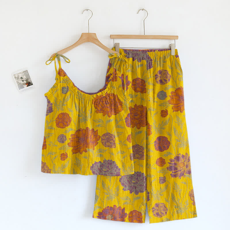 Retro Peony Cotton Cami Loungewear Set - Yellow & Purple - XL - image 16