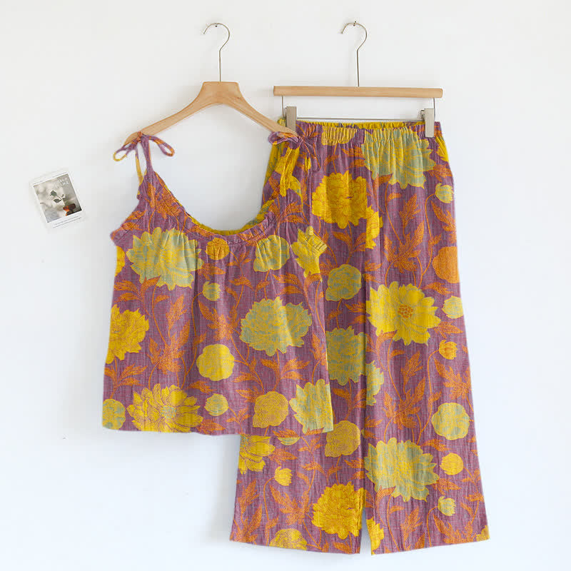 Retro Peony Cotton Cami Loungewear Set - Purple & Yellow - XL - image 20